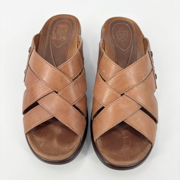 Ariat Leather Low Double Cross Straps Sandals Tan Brown Women 7B Narrow - Picture 1 of 8